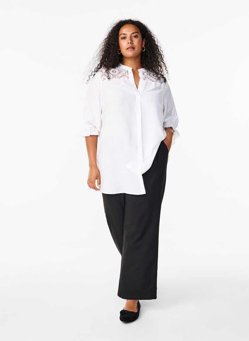 Long viscose shirt with lace detail, Bright White, Model image number 2