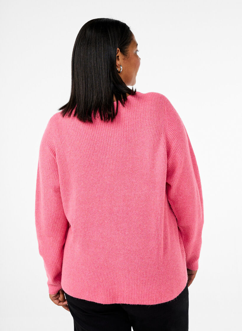 Knitted blouse with v-neck and long sleeves, Bubblegum Wh. Mel., Model image number 1