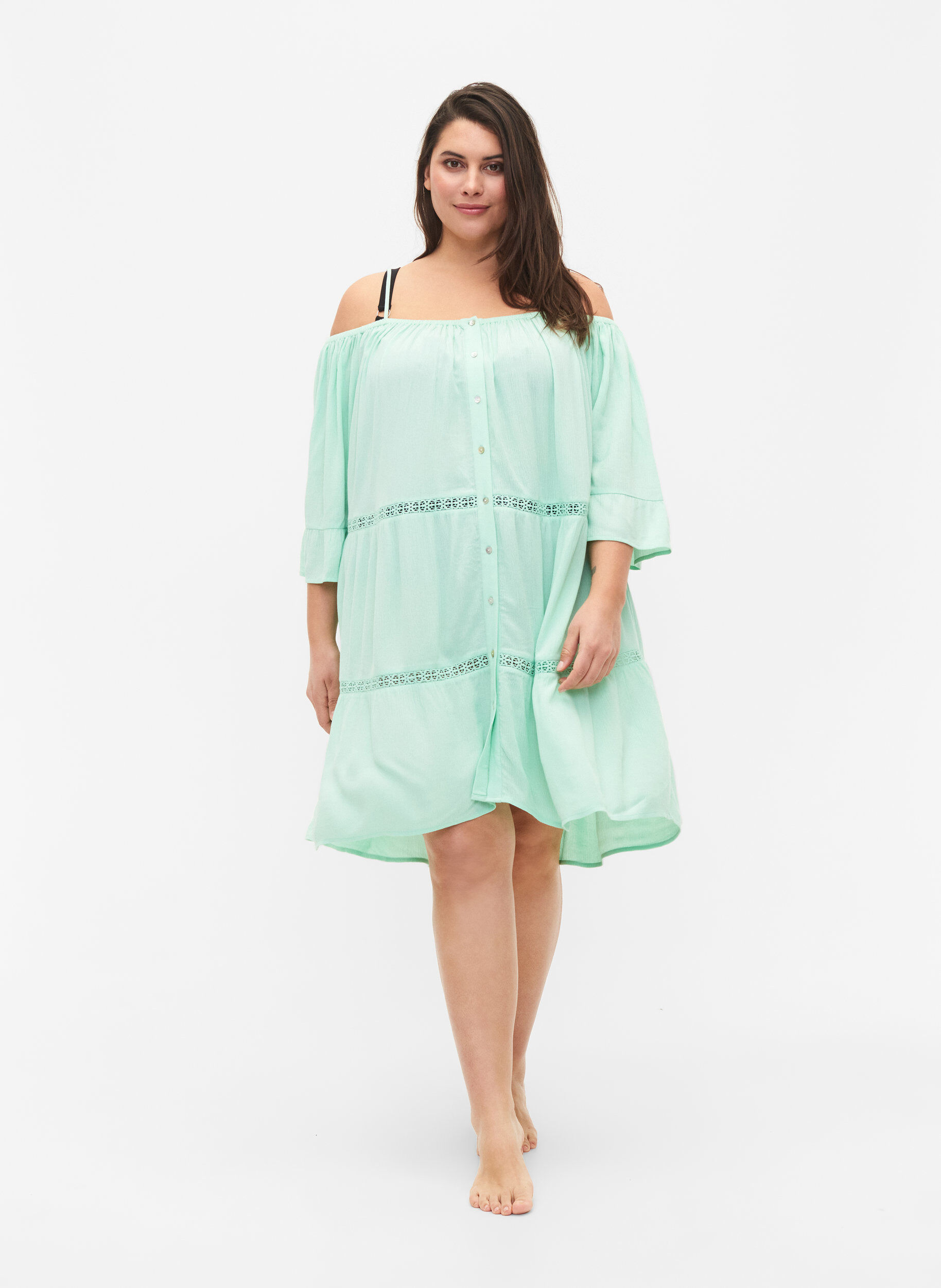 Zizzifashion Beach tunic with off-shoulder, Brook Green, Model image number 2
