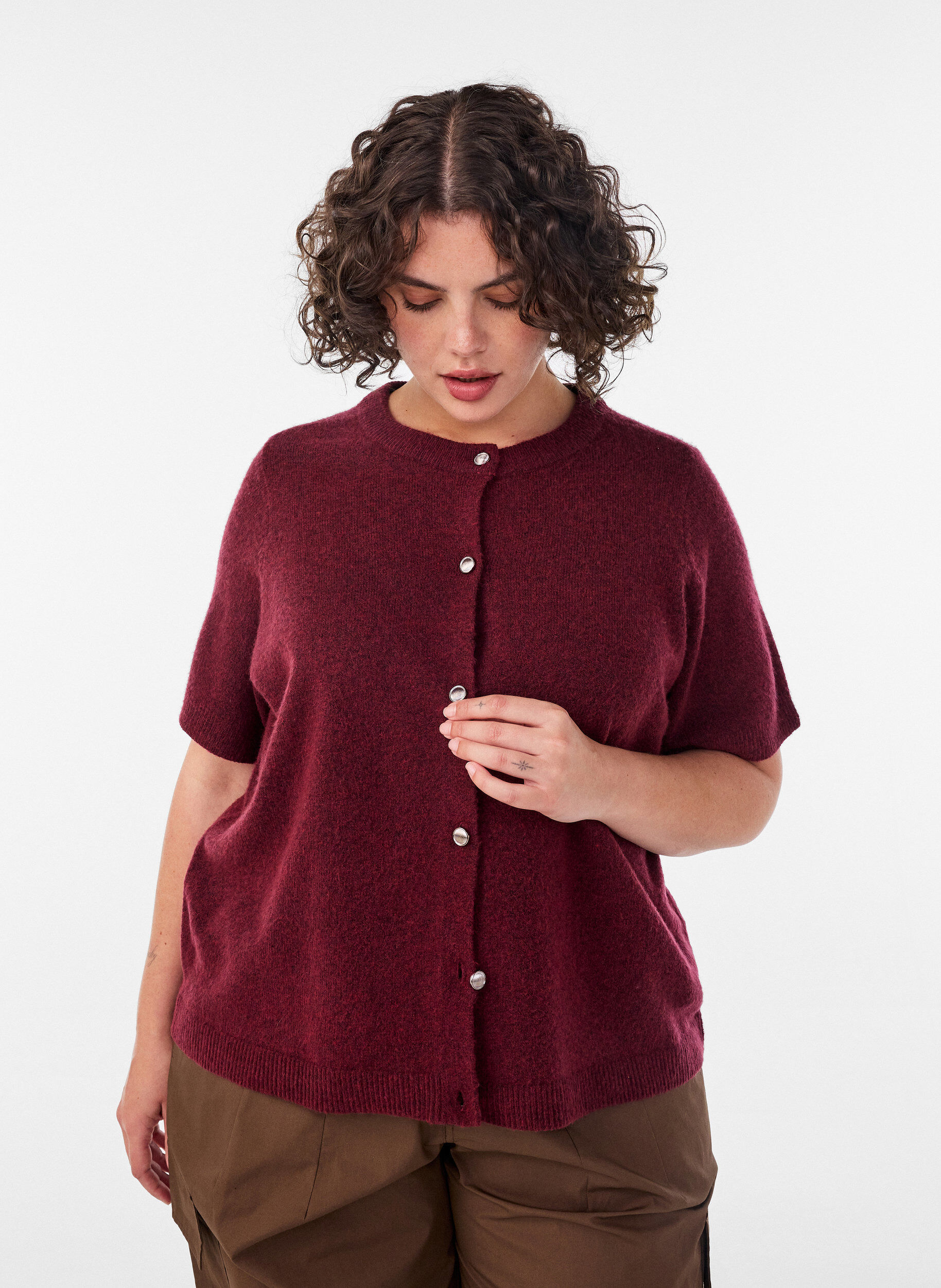 ZizzifashionKnit cardigan with short sleeves, Red, Model image number 0