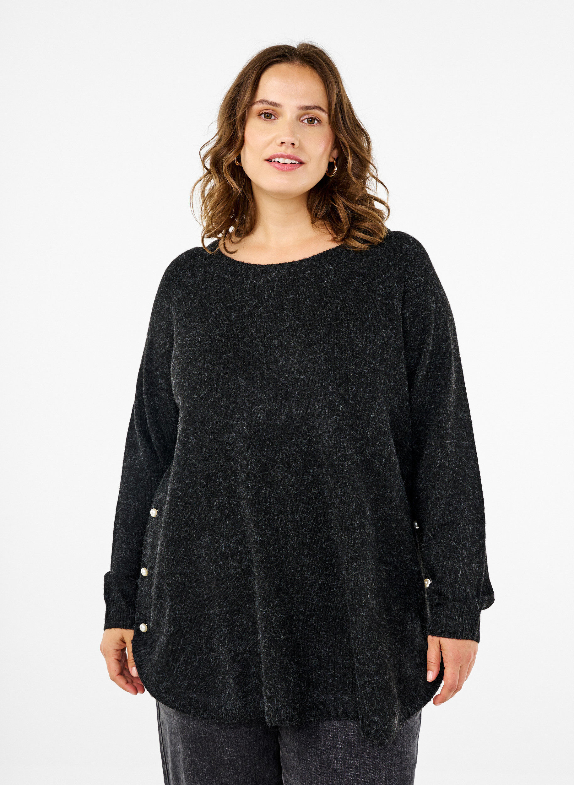 Zizzifashion Knitted blouse with bead details, Dark Grey Melange, Model image number 0