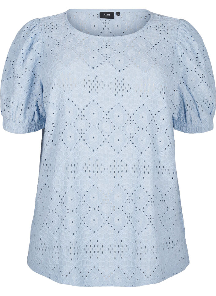 Short-sleeved blouse with lace pattern, Cashmere Blue, Packshot image number 0