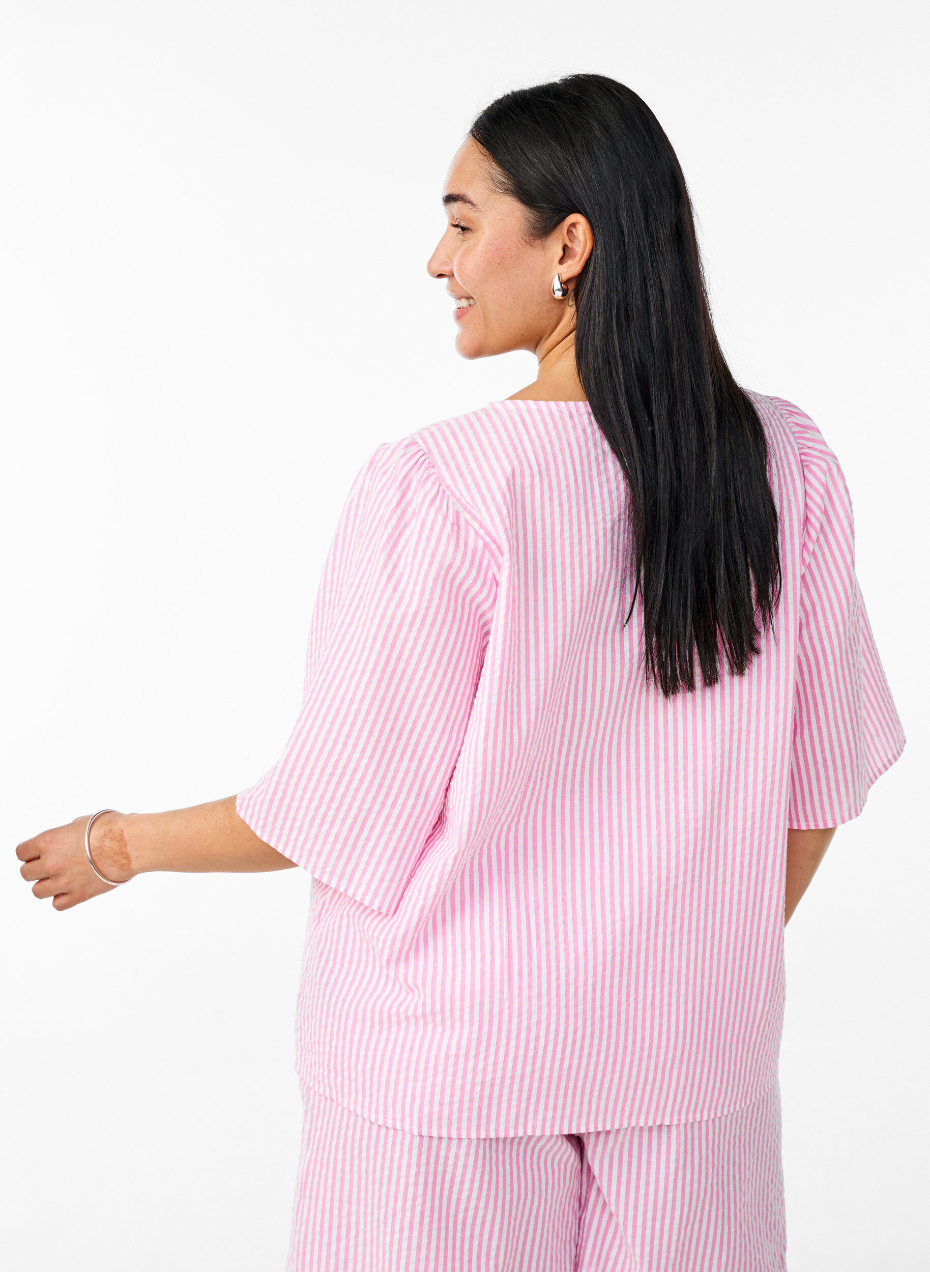 Zizzifashion FLASH - Striped blouse with bows, Pink, Model image number 2