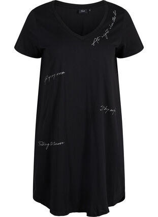 Short-sleeved cotton nightdress with print, Black Silv Foil Text, Packshot image number 0