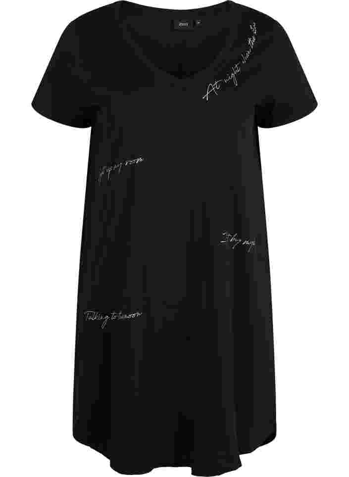 Short-sleeved cotton nightdress with print, Black Silv Foil Text, Packshot image number 0