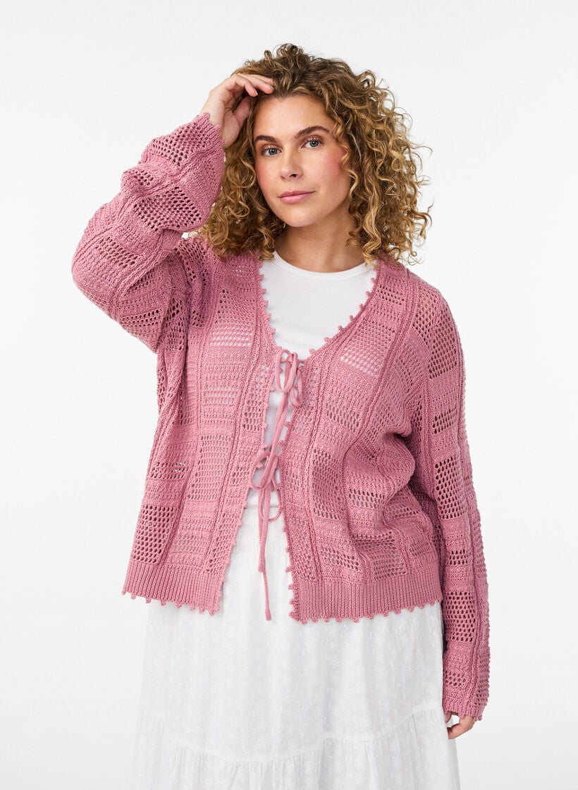 Knitted cardigan with ties and an openwork pattern, Rose, Model image number 0