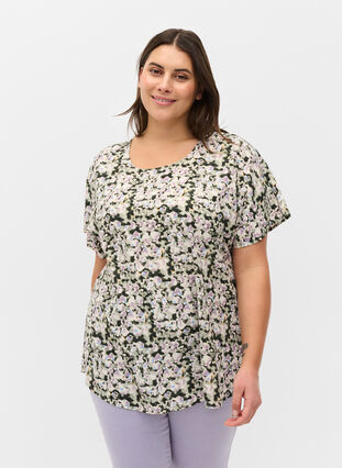 Short-sleeved viscose blouse, Green Purple Mix, Model image number 0
