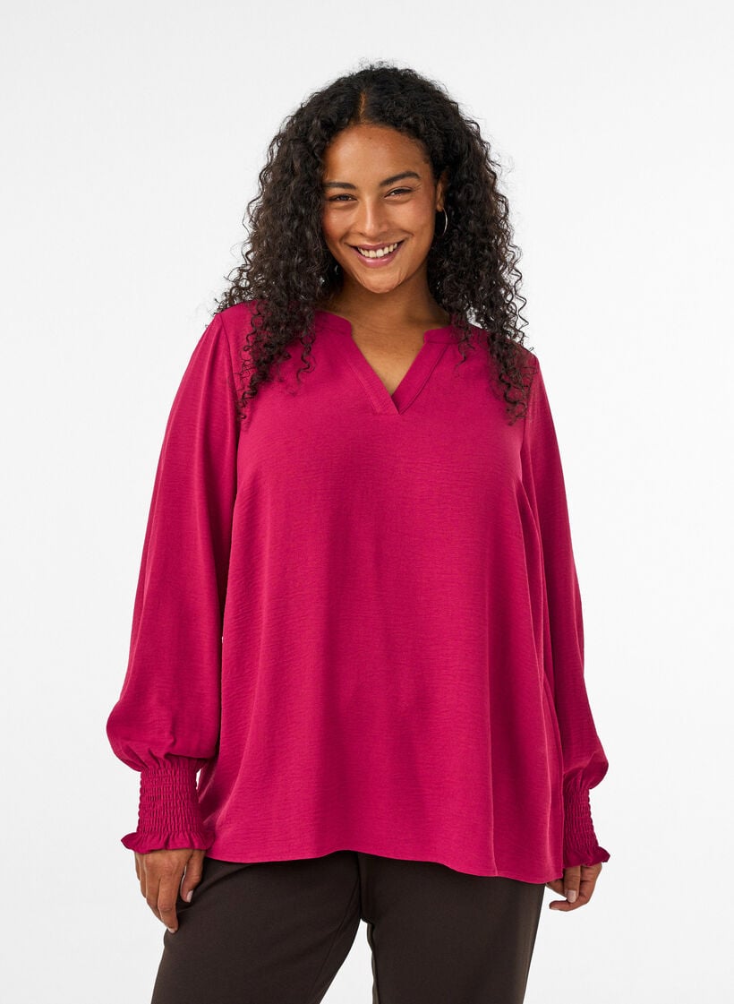 Blouse with smock cuffs and V-neck, Red, Model image number 0