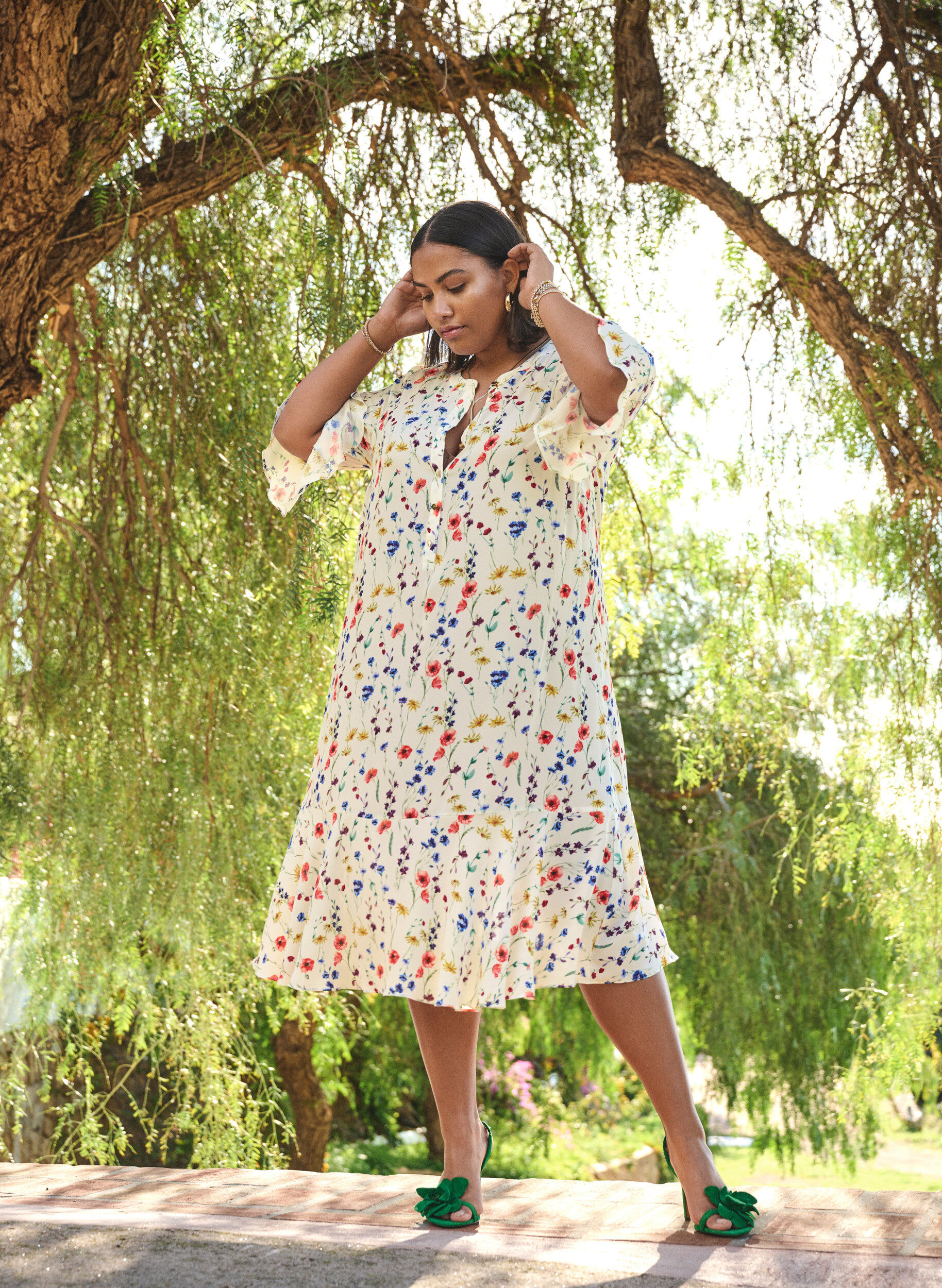 Zizzifashion Floral midi dress with 3/4 sleeves, Blue, Image image number 0