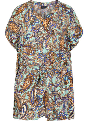 Printed viscose tunic with short sleeves and tie-string, Dusty Jade Green AOP, Packshot image number 0
