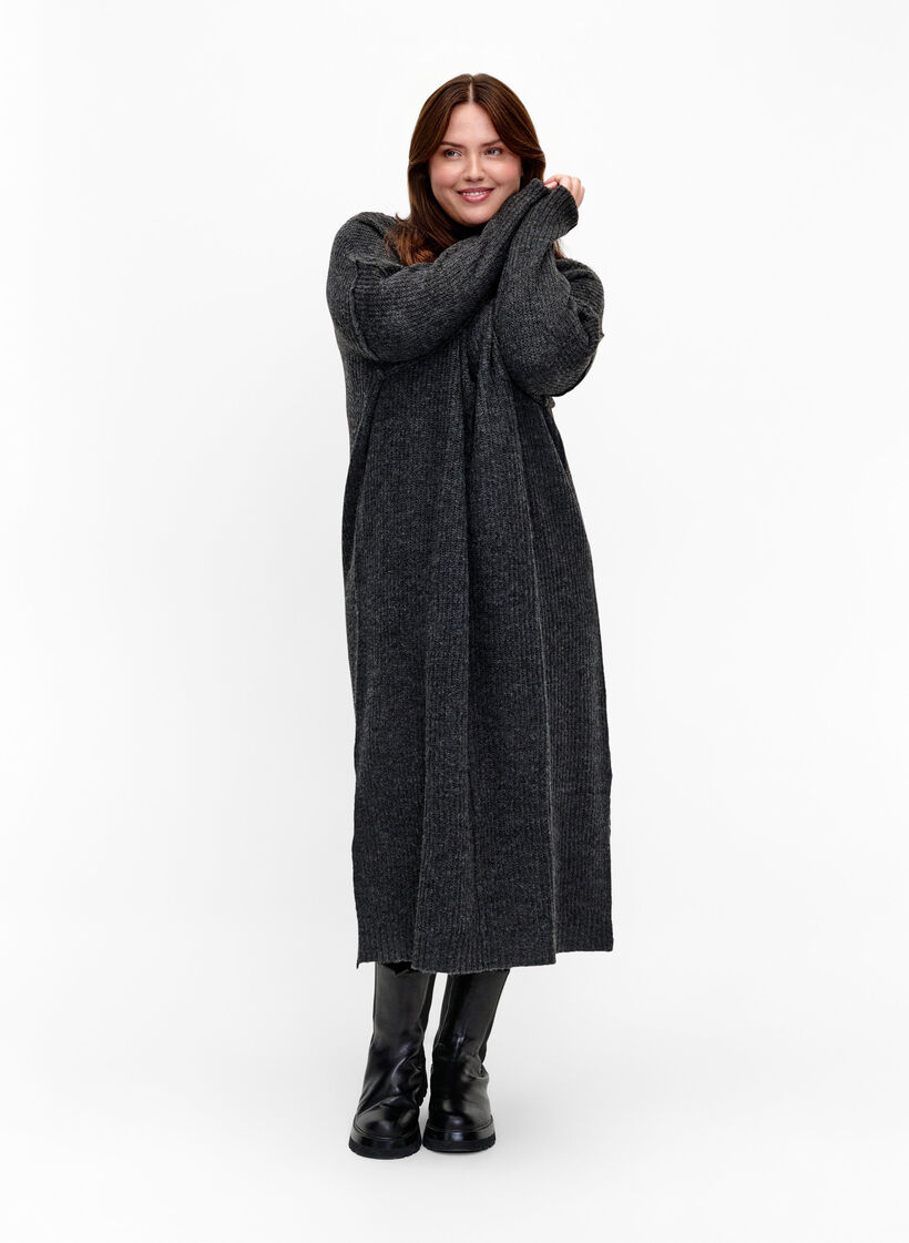 Long oversized knitted dress with slit, Dark Grey, Model image number 0