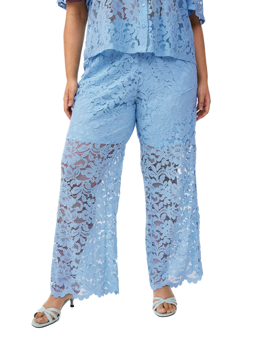 High-waisted lace trousers with straight legs, Blue, Model image number 2