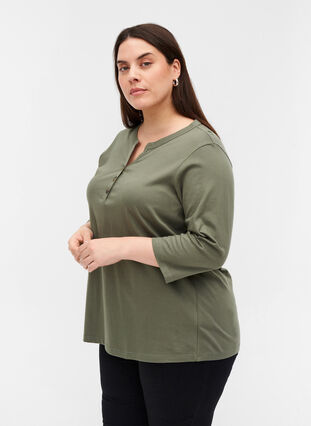 Cotton blouse with 3/4-length sleeves, Agave Green, Model image number 0