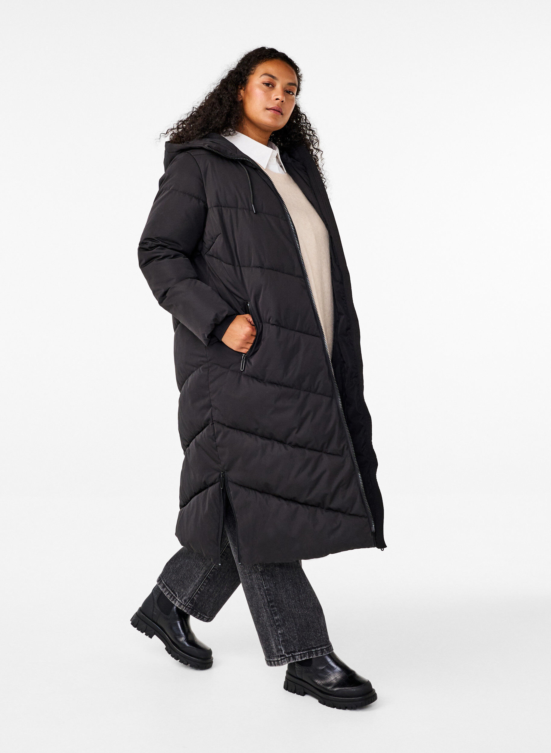 ZizzifashionLong puffer coat with hood and pockets, Black, Model image number 0