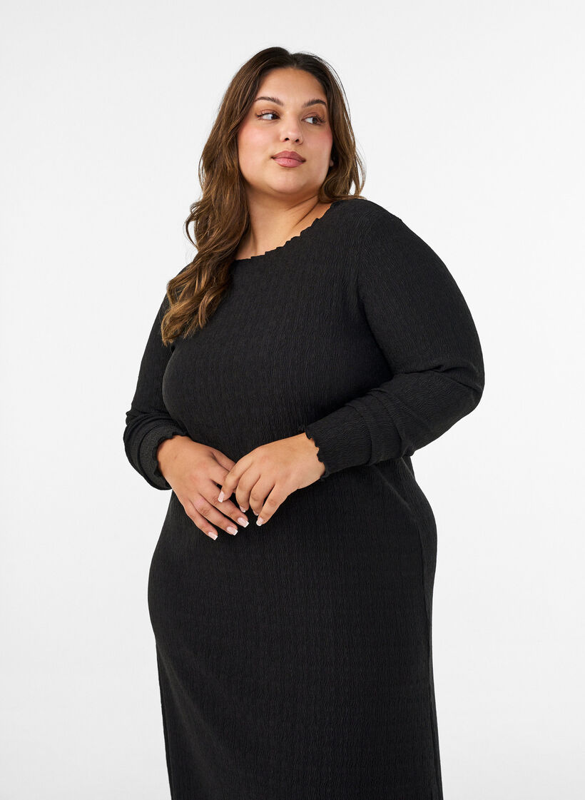 Midi dress with a wavy texture and long sleeves, Black, Model image number 3