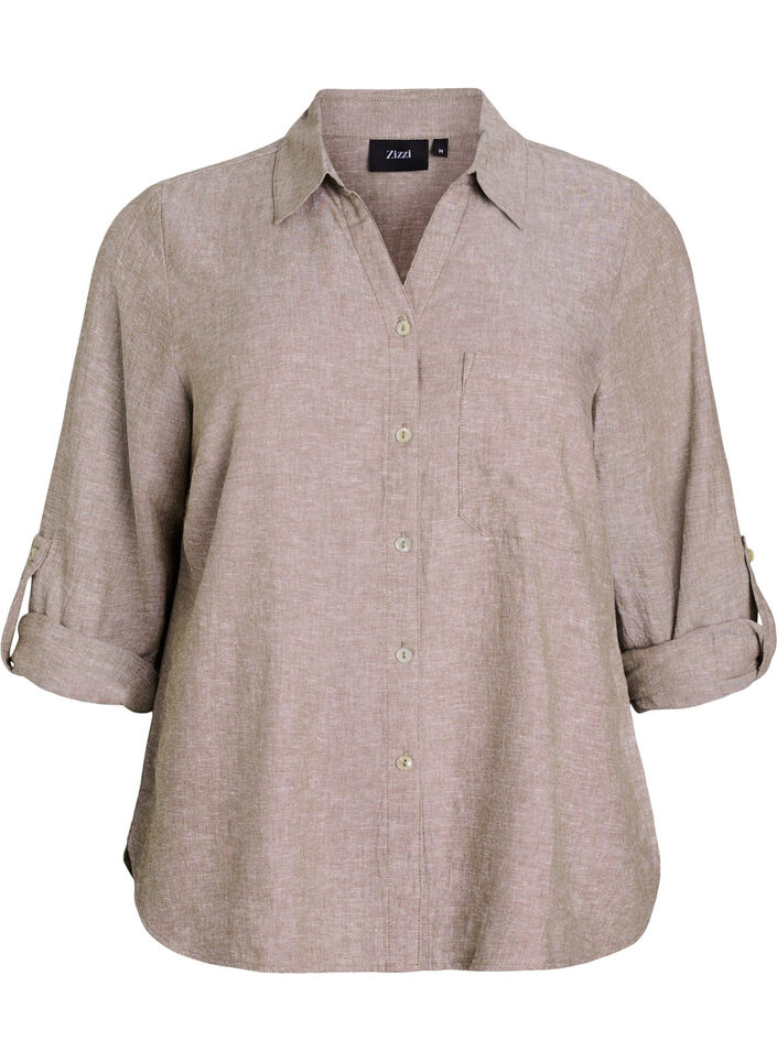 Shirt in linen and viscose with 3/4 sleeves, Brown, Packshot image number 0
