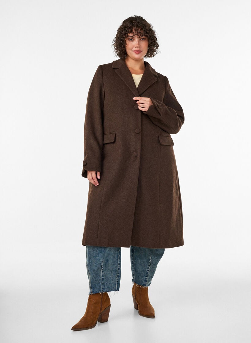 Wool blend coat with lapels and buttons, Brown, Model
