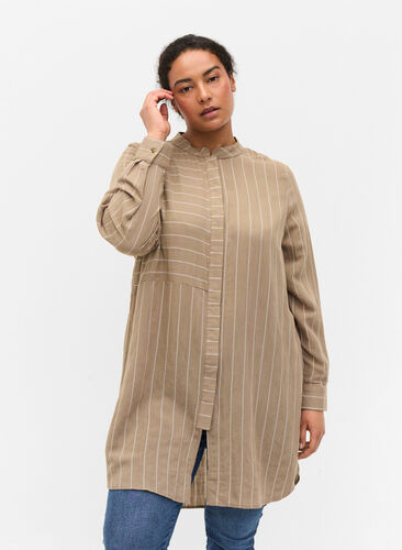Long striped shirt in a viscose mix, Timber Wolf/White, Model image number 0