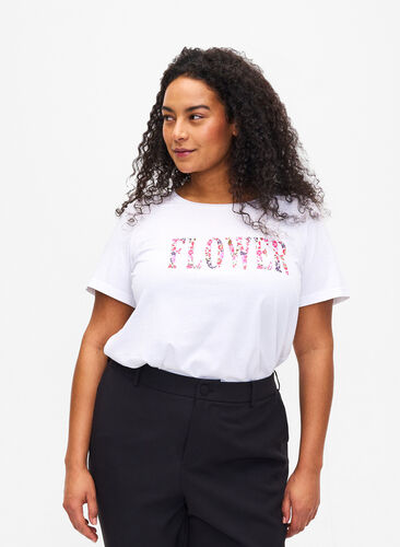 Cotton T-shirt with text print, B. White w. Flower, Model image number 0