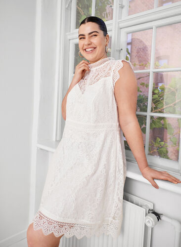 Sleeveless lace dress, Bright White, Image image number 0