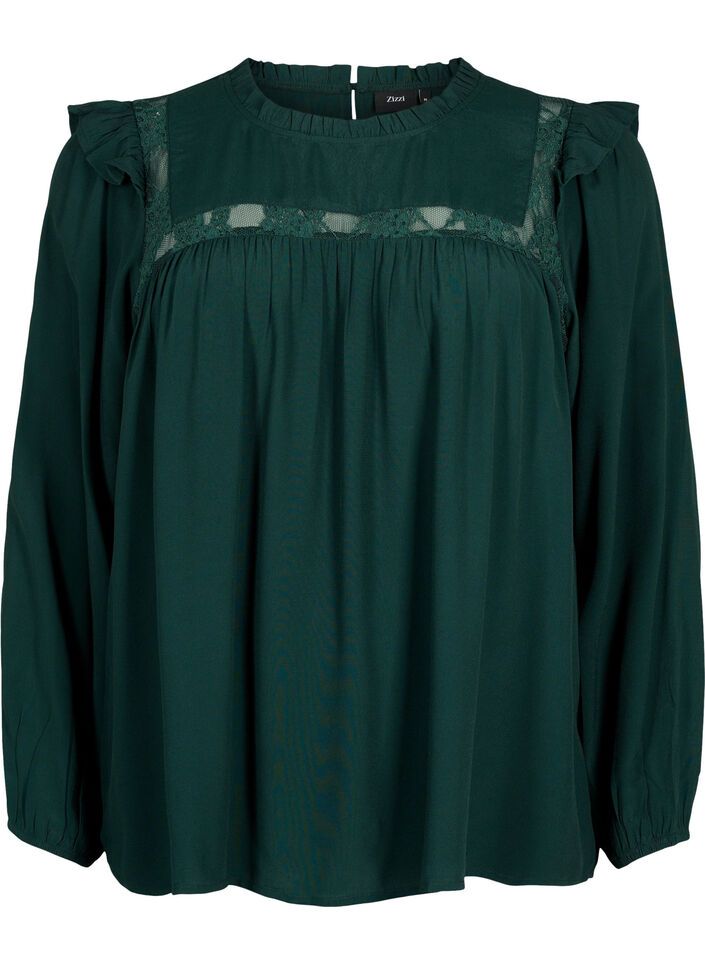 Viscose blouse with frills and lace, Scarab, Packshot image number 0