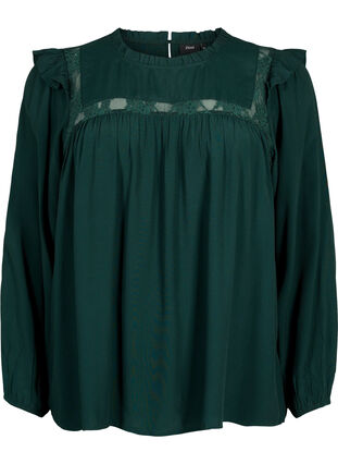 Viscose blouse with frills and lace, Scarab, Packshot image number 0