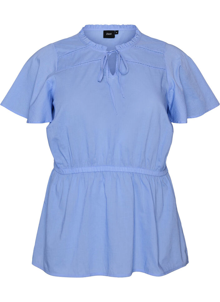 Cotton blouse with tie-string and elastic waist, Blue, Packshot image number 0