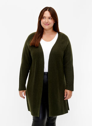 Long rib-knit cardigan, Forest Night Mel., Model image number 0