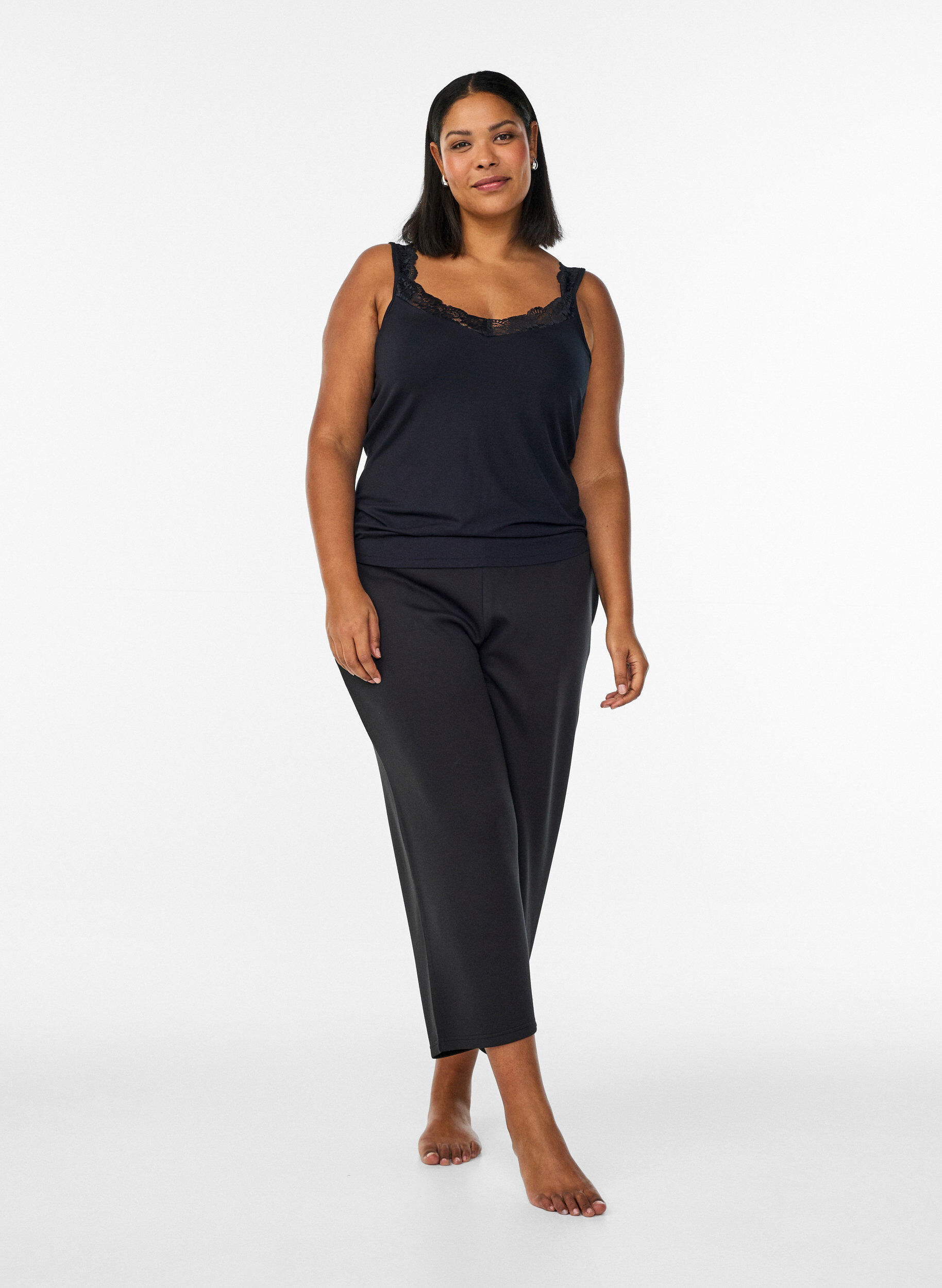 ZizzifashionViscose top with lace edge, Black, Model image number 1