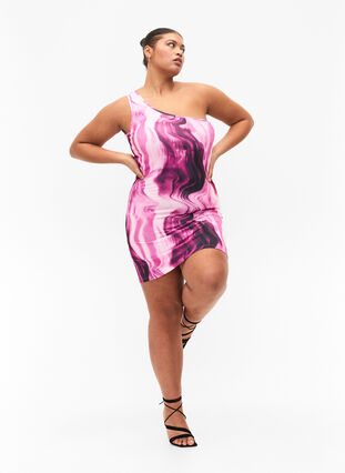 Tight-fitting one-shoulder dress with print, Raspberry Rose AOP, Model image number 3