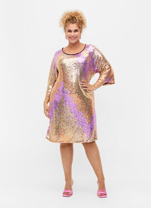 Sequin dress with 3/4 sleeves, Gold Mulit Sequins, Model image number 2
