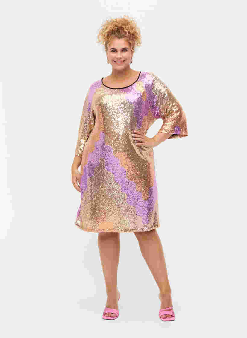 Sequin dress with 3/4 sleeves, Gold Mulit Sequins, Model image number 2