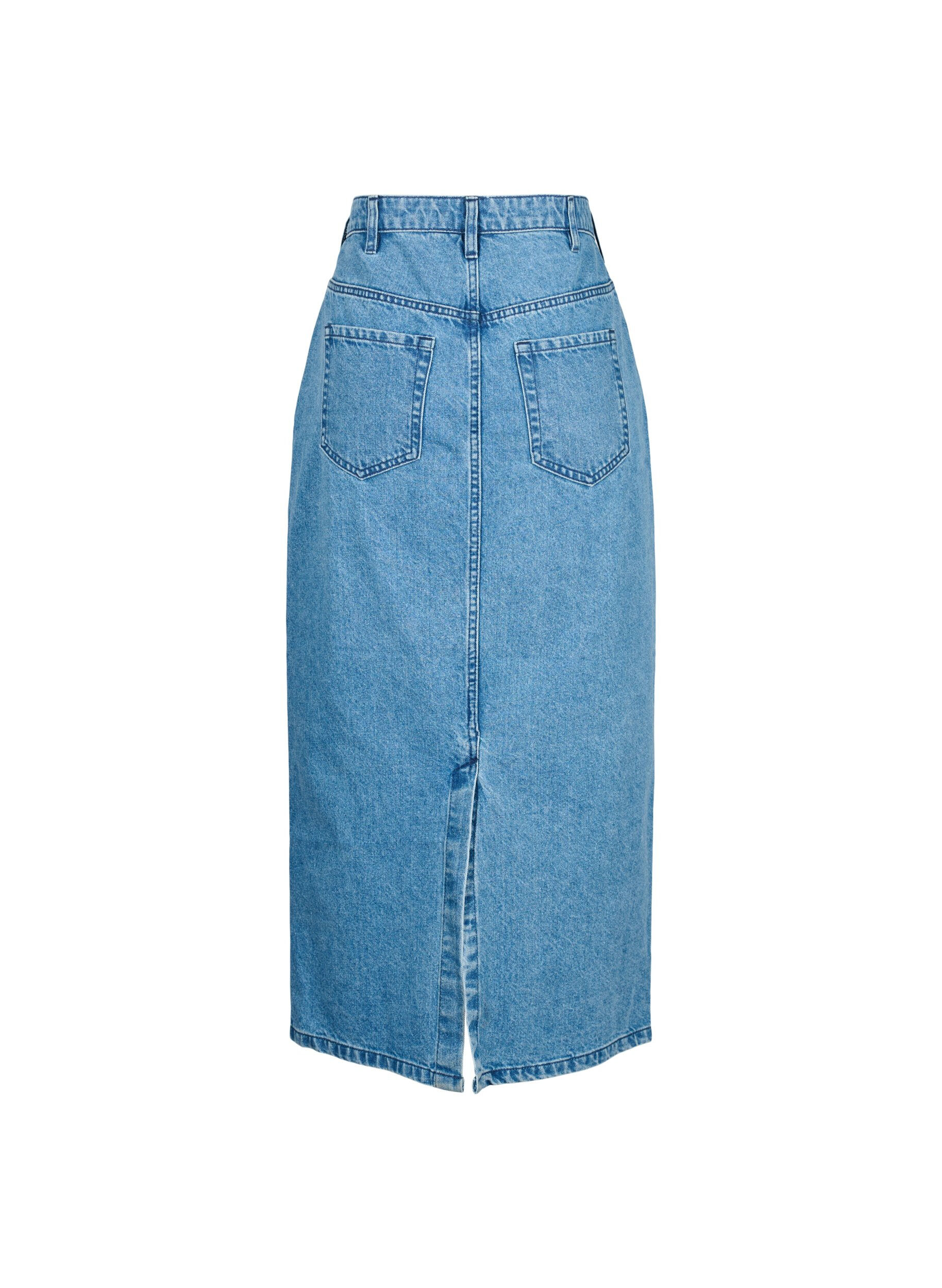 Zizzifashion Midi-length denim skirt with back slit, Denim Blue, Packshot image number 1