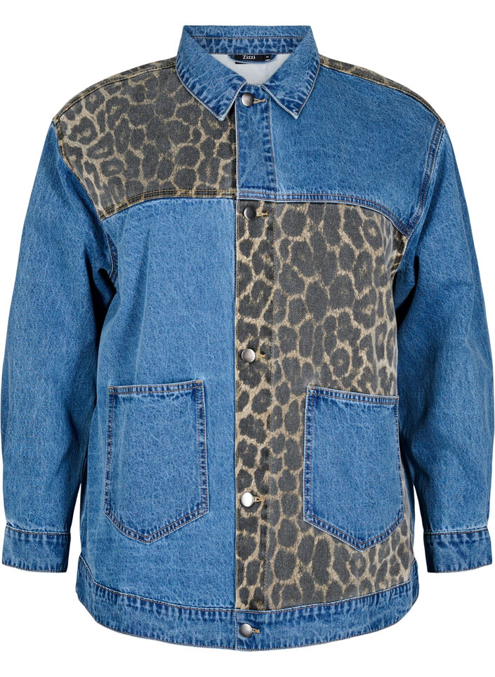 Denim shirt with leopard print details, Blue, Packshot image number 0