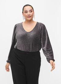 Glitter blouse with puff sleeves, Black Silver, Model