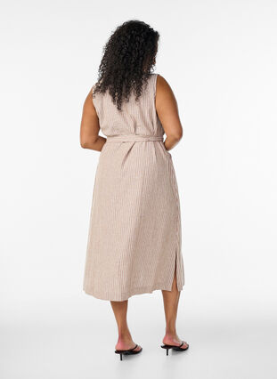 Sleeveless striped midi dress in linen and viscose - Beige - Sz. L - Zizzifashion Sleeveless striped midi dress in linen and viscose - Beige - Sz. L - Zizzifashion
