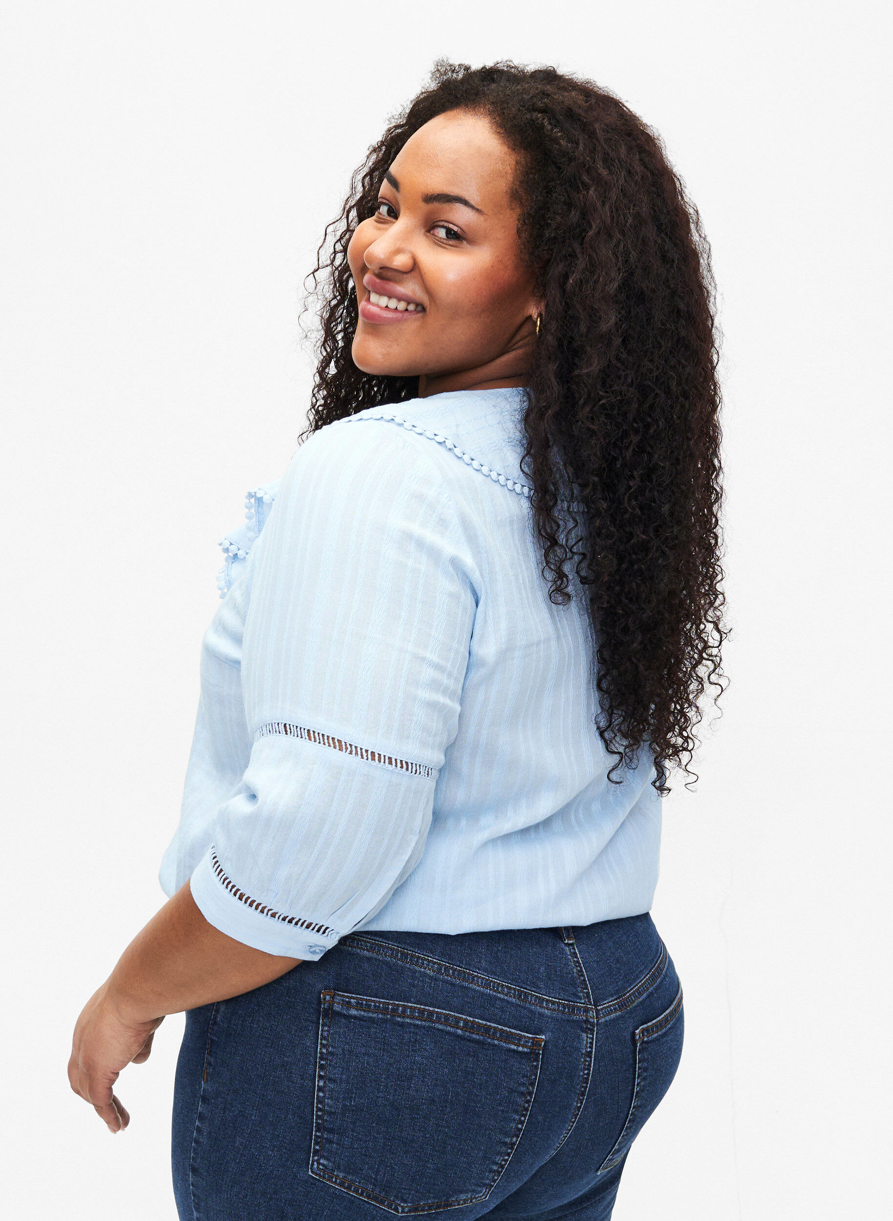 Zizzifashion Blouse with 3/4 sleeves and lace, Chambray Blue, Model image number 1