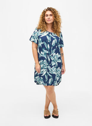 Dress with print and short sleeves, Navy B.Big FlowerAOP, Model image number 2