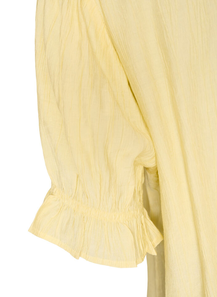 Short-sleeved blouse in a viscose blend with texture and ruffle sleeves, Yellow, Packshot image number 3