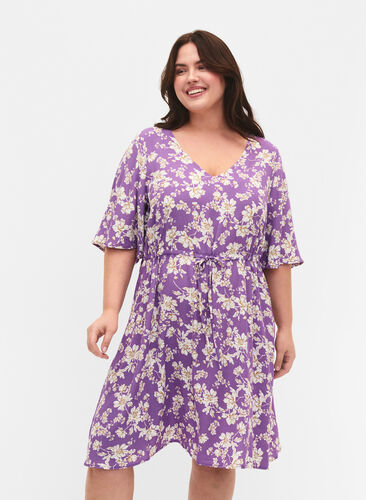 Dress with 1/2 sleeves and floral print in viscose, Purple Flower AOP, Model image number 0