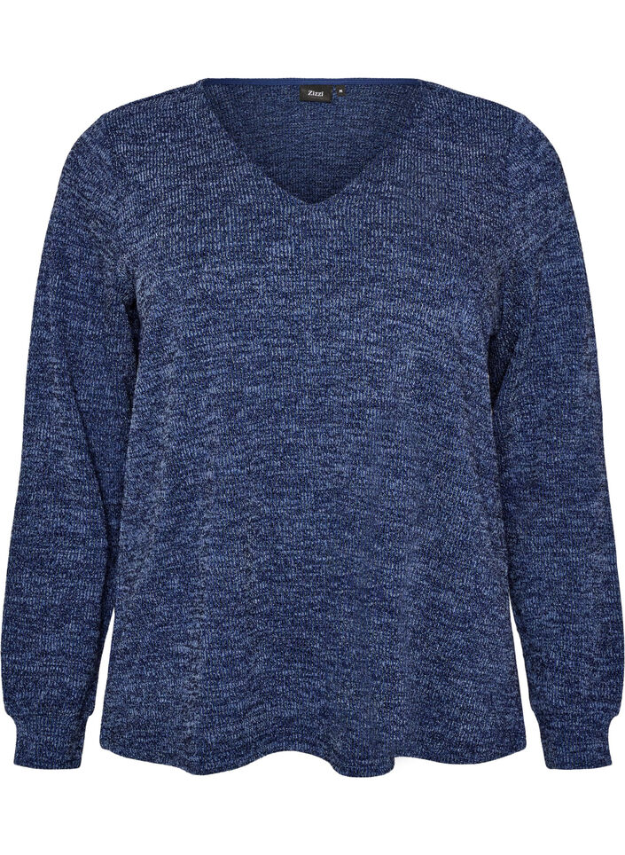 Jersey blouse with a V-neck and long sleeves, Blue, Packshot image number 0