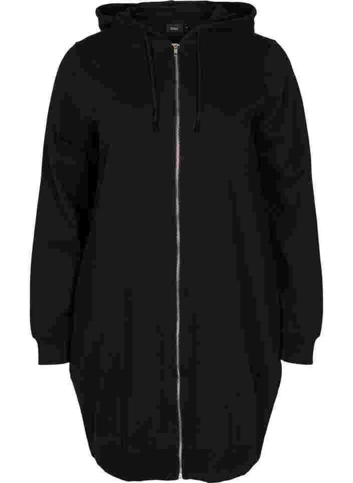 Long cotton sweat cardigan with hood, Black, Packshot image number 0