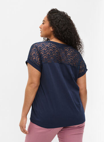Short-sleeved cotton t-shirt with lace, Navy Blazer, Model image number 1
