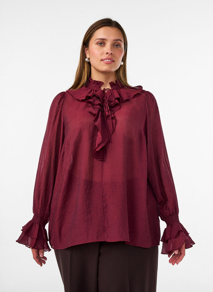Viscose blouse with ruffles and long sleeves, Red, Model image number 0