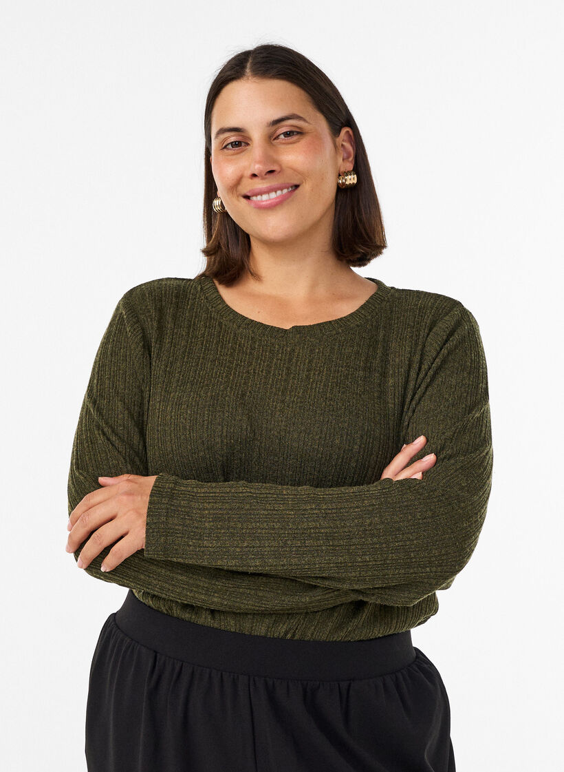 Jersey blouse with ribbed structure and long sleeves, Green, Model image number 0