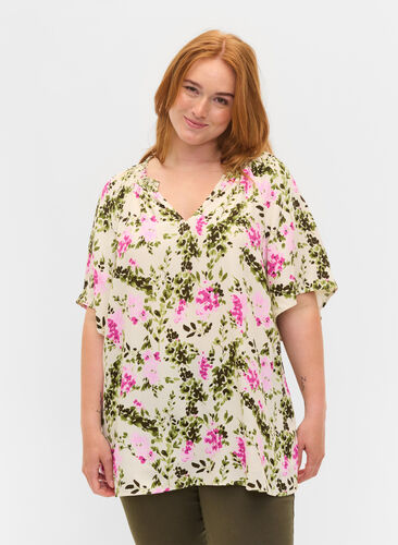 Viscose blouse with short sleeves, Green Pink AOP, Model image number 0