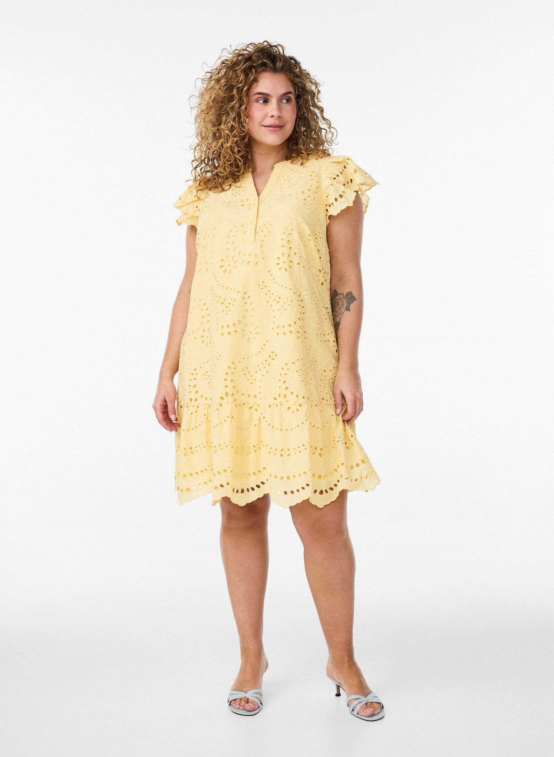 Zizzifashion Broderie anglaise dress with ruffle sleeves, Yellow, Model image number 1
