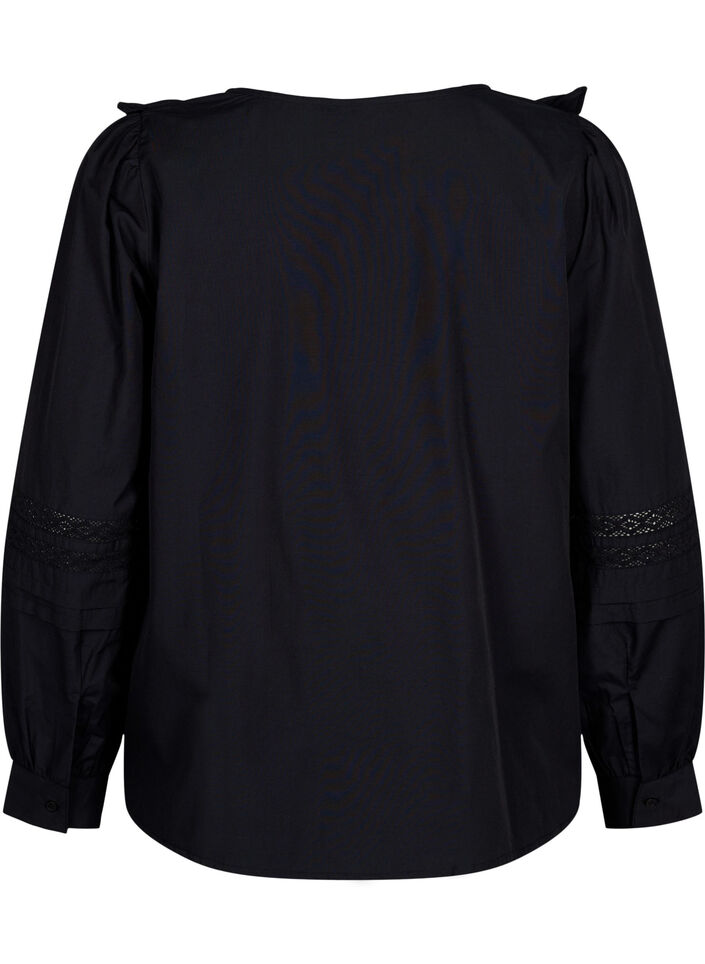 Blouse with ruffles and lace trim, Black, Packshot image number 1