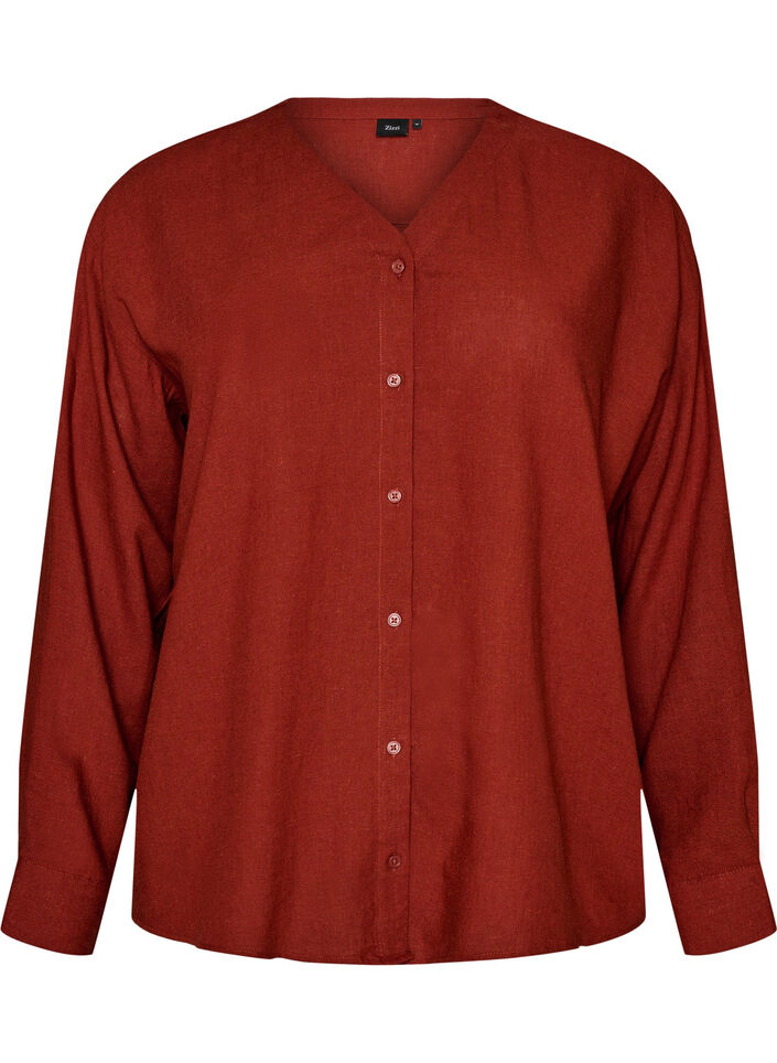 Blouse in linen and viscose with V-neck, Red, Packshot image number 0