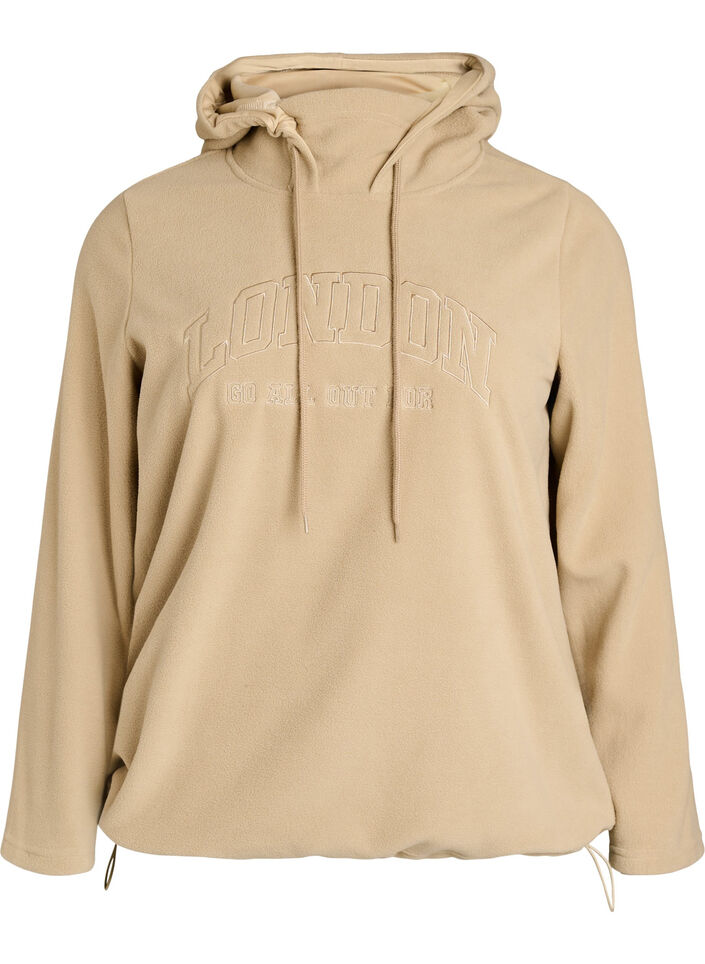 Fleece hoodie with a high neck and embroidered text, Beige, Packshot image number 0